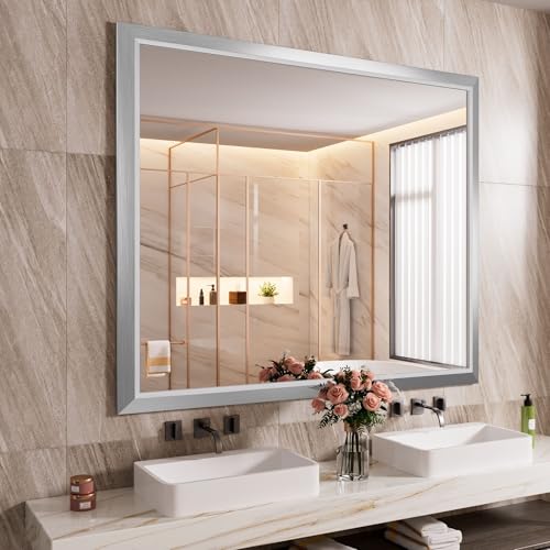 Amorho Bathroom Mirror for Wall 48x40 Inch, Brushed Silver Metal Framed - color: Silver, size: 48"L x 40"W