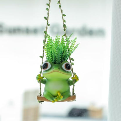 Hanging Swing Frog Planter, Cute Resin Succulent Flower Pot with Drainage Hole, Indoor Outdoor Garden Decor