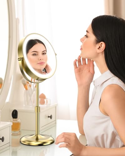 Benbilry 7" Lighted Makeup Mirror with 3 Color Lights & 10X Magnification, Adjustable Brightness & Height, 360° Swivel Rechargeable 10X LED Magnifying Vanity Mirror with Light, Gold - color: Gold