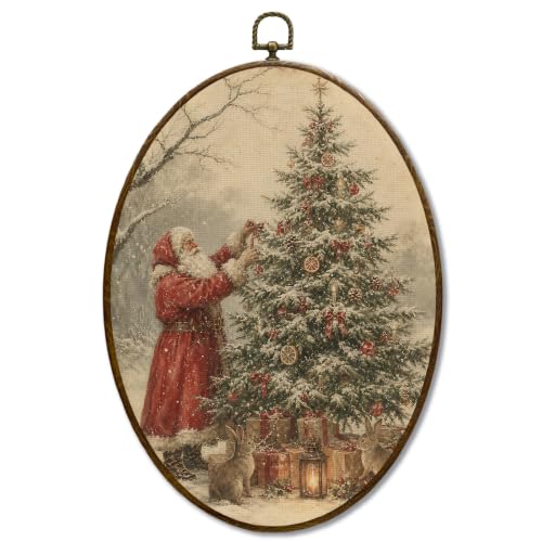 JQF Christmas Tree Santa Claus Bunny Oval Wall Decor Framed 8.5x11.5 Inch - color: christmas tree-8