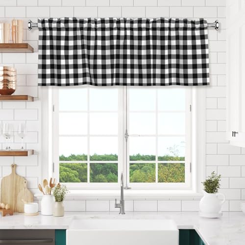 Black and White Checkerboard Curtain Valance Short Rod Pocket Window Treatment for Living Room Bedroom Kitchen Bathroom 1 Panel 54" W x 18" L - color: Black and White Checkerboard