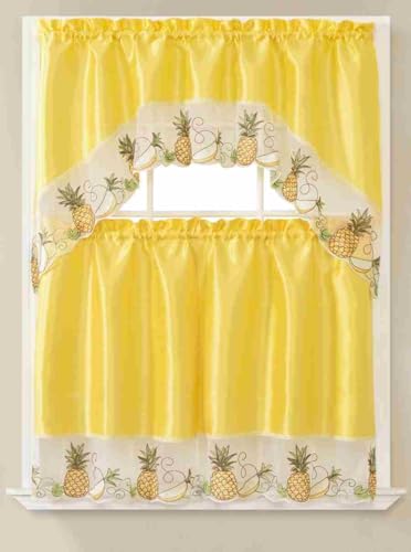 Generic 3-Piece Set Embroidered Window Curtain 2 Panels 1 Valance for Kitchen Restaurant Bar BR (Yellow BR-10) - color: Yellow Br-10