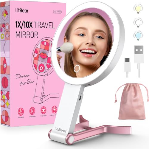 LitBear Travel Makeup Mirror with Lights, Rechargeable Double-Sided 10X/1X Magnifying Mirror, Portable Lighted Beauty Mirror, 3 Color Lighting, Dimmable Touch Screen, Tabletop Handhold Hanging (White) - color: Rose Gold