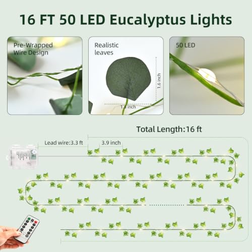 16 FT Eucalyptus Vine with LED Fairy Lights, Remote, USB & Battery Powered - color: Eucalyptus_Battery&USB