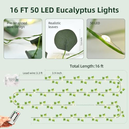 16 FT Eucalyptus Vine with LED Fairy Lights, Remote, USB & Battery Powered - color: Eucalyptus_Battery&USB