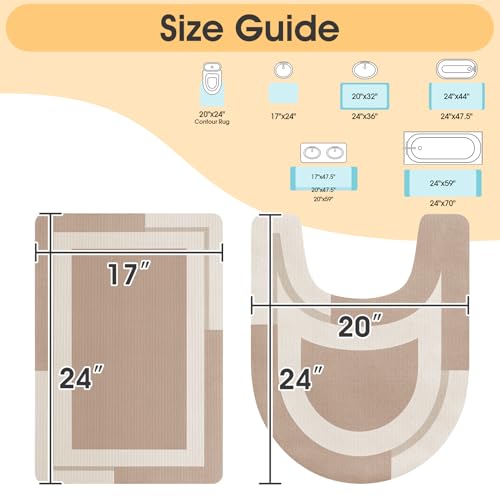 ACCUMTEK Non Slip Bath Mat, Thin Bathroom Rugs Fit Under Door, Quick Dry Bath Mats, Machine Washable Bath Rugs for Bathroom, Bathtub & Kitchen, Light Brown/Bordered/24 x17+ 24"x20" Contour Rug - color: Light Brown, size: 24"x17"+ 24"x20" Contour Rug