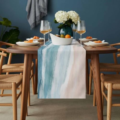 Ombre Coastal Table Runner 36 Inches Long,Summer Ocean Beach Beige Cotton Linen Table Runners Dresser Scarves,Gradient Blue Waves Fabric Tabletop Scarf Furniture Cover for Home Dinner Party 13"x36" - color: Light Blue Green Beige, size: 13x36 Inches