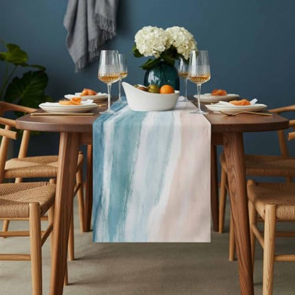 Ombre Coastal Table Runner 36 Inches Long,Summer Ocean Beach Beige Cotton Linen Table Runners Dresser Scarves,Gradient Blue Waves Fabric Tabletop Scarf Furniture Cover for Home Dinner Party 13"x36" - color: Light Blue Green Beige, size: 13x36 Inches