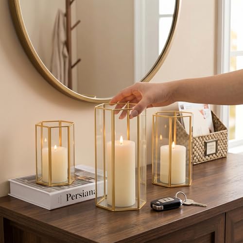 Gold Glass Hurricane Candle Holder Set of 3 Large Clear Hexagon Lanterns