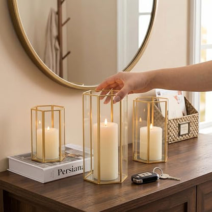 Gold Glass Hurricane Candle Holder Set of 3 Large Clear Hexagon Lanterns
