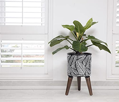 D'vine Dev 8 Inch Planter Pot with Wood Stand, White/Grey, 88-L-A-7 - color: White/Grey, size: Small
