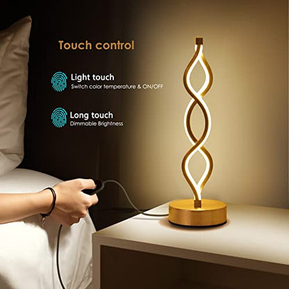 NUÜR Gold Infinity Spiral LED Table Lamp, Lamps for Bedrooms Dimmable Metallic Bedside Lamp with Touch Controller, 3 Colour Temperature, 15.8 Inch Height for Living Room - color: Gold