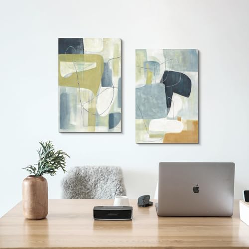 WALLSUP DECOR Abstract Colorful Art Canvas Wall Painting - 2 Piece Blue And Yellow Blocks Geometric Shapes Illustrations Modern Wall Art Decor For Living Room Bedroom Office - color: Blue and Green, size: 11"x16"x2