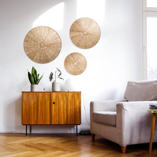 PEMAR Handwoven Jute Wall Hanging Baskets, Set of 3 Round Woven Wall Decor (22", 19", 15"), Decorative Wall Accents for Living Room, Bedroom and Entryway