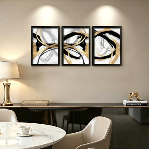LYYGLYY 3Pcs Black Framed Black Gold and White Canvas Wall Art 12x16 Inches - color: Black Frame Dancing Lines, size: 12x16 Inches