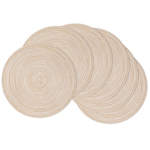 SHACOS 15 inch Round Placemats Set of 6, Cotton Polyester Woven Braided Place Mats, Washable Heat Resistant Circle Table Mats for Dining Table (Beige, 6) - color: Beige, size: Set of 6