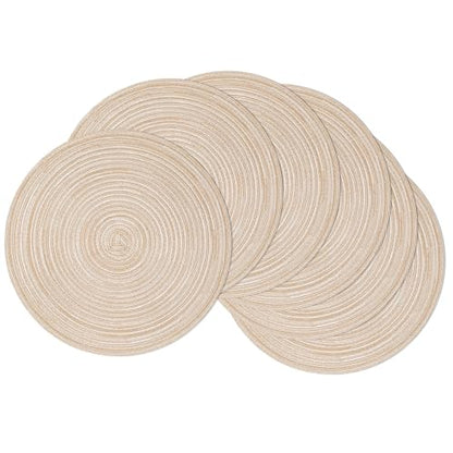 SHACOS 15 inch Round Placemats Set of 6, Cotton Polyester Woven Braided Place Mats, Washable Heat Resistant Circle Table Mats for Dining Table (Beige, 6) - color: Beige, size: Set of 6