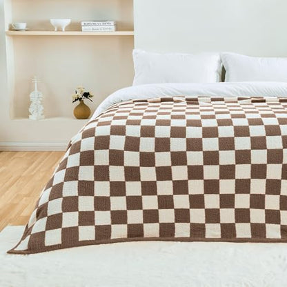 CozeCube Brown White Reversible Checkered Knit Throw Blanket 50"x60" - color: Dark Brown, size: 50"x60"