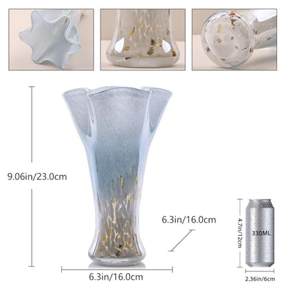 9.0" H Blue White Glass Vases for Flower, Unique Hand Blown Glass Vase - color: Blue White