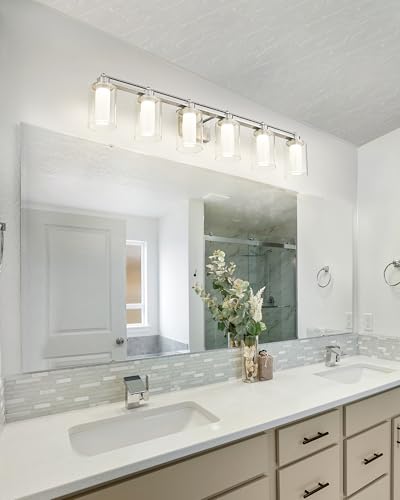 HWH 6-Light Bathroom Vanity Light, Clear Glass Shade, 5HLT63B-6W-LED BN - color: Brushed Nickel + LED, size: 6 Lights