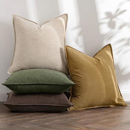 MIULEE Neutral Green/Brown Boho Linen Pillow Covers 18x18 Inch Pack of 4 - color: Neutral Green/Brown, size: 18" x 18" (Pack of 4)
