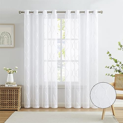 July Joy White Sheer Curtains 84 Inches Long Moroccan Embroidered Grommet Semi Window Drapes for Living Room Bedroom, White 2 Panels - color: White, size: 52"W x 84"L (Pack of 2)