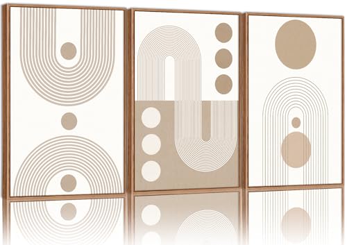 YeeHomedec Boho Beige Framed Canvas Wall Art, Mid Century Modern Wall Decor, Bohemian Abstract Minimalist Artwork, Neutral Geometric Line Art Painting for Living Room Bedroom Office 24"x36"x3 - color: Beige, size: 36"L x 24"W