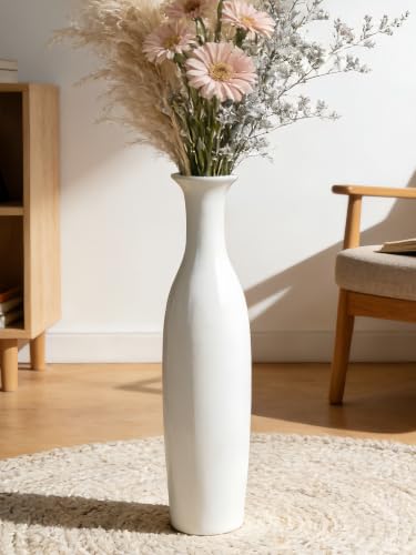 White Tall Ceramic Floor Vase, 19.7 Inch, Flared Rim Design