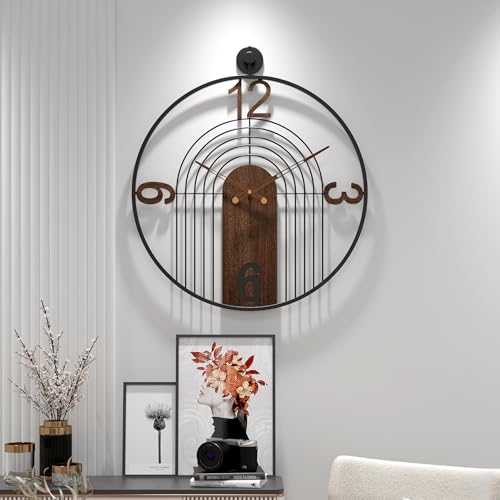 Large Modern Walnut Dial Wall Clock, Wood Metal Frame Silent Non Ticking Decoration Wall Clocks for Living Room, Bedroom, Kitchen, Study, Handmade Home Decor Gift Idea, 26.4 Inch - size: 2.X-L(26.4 in)