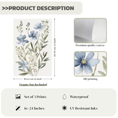 Beayum Blue Wildflower Watercolor Canvas Wall Art, Unframed, Set of 3 - color: Blue Wildflower Prints, size: 24"L x 16"W Unframed