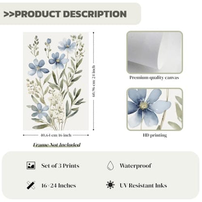 Beayum Blue Wildflower Watercolor Canvas Wall Art, Unframed, Set of 3 - color: Blue Wildflower Prints, size: 24"L x 16"W Unframed