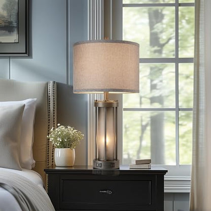 RORIA Set of 2 Rustic Table Lamps for Living Room with 2 USB Ports - color: Gray