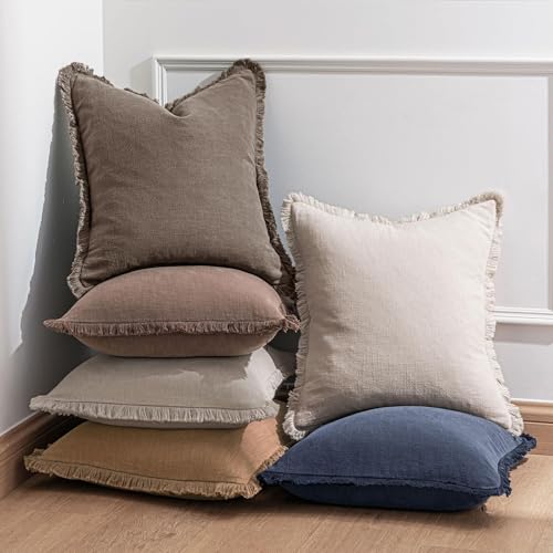 Linen Fringe Throw Pillow Covers 18x18 Inch Set of 2,Coffee - color: Coffee, size: 18" x 18" (Pack of 2)