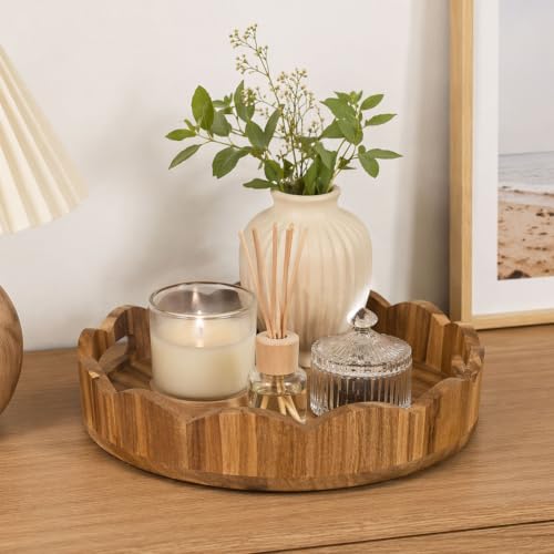 AnyDesign Brown Wooden Scalloped Serving Tray with Handles, 12.6 Inch