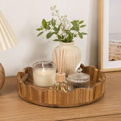 AnyDesign Brown Wooden Scalloped Serving Tray with Handles, 12.6 Inch