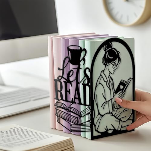 Peacoblue 5.5"x4.3"x8.3" Metal Bookends, Heavy Duty Book Ends for Shelves - style: Girl Reading Books