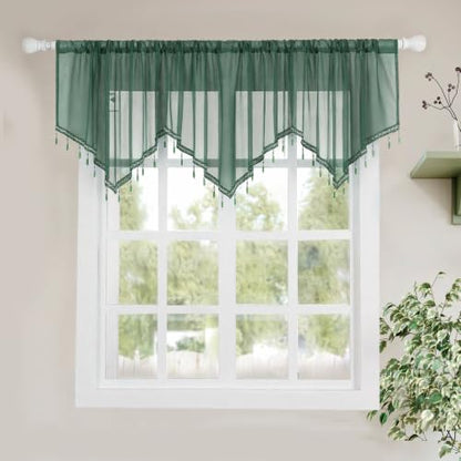 Molaxhome Swag Curtain Scalloped Curtain Valance Drape Sheer Lace Panel 1pc - color: Dark Green