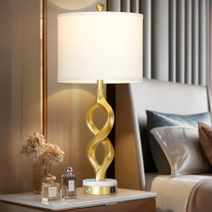 Cinyirong 30" White and Gold Table Lamp for Living Room, Modern Touch Control Bedside Lamp for Bedroom, 3-Way Dimmable Sculptural Resin Nightstand Lamp with USB A+C Ports and 1 LED Bulb (1 Pack) - color: White & Gold (1 Pack)