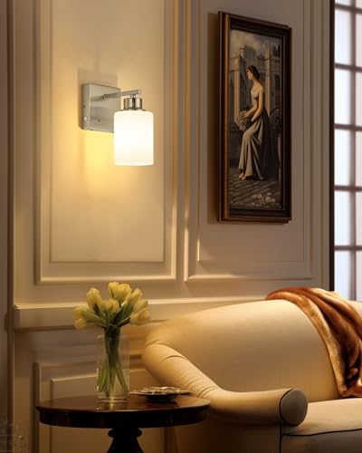 Wireless Battery Operated Wall Sconce Set of Two, Modern White Glass Nickel | Dimmable, Easy Install Rechargeable Wall Lights with Timer Remote for Living Room Bedroom, Emergency 3000K - color: Nickel(White Lampshades)