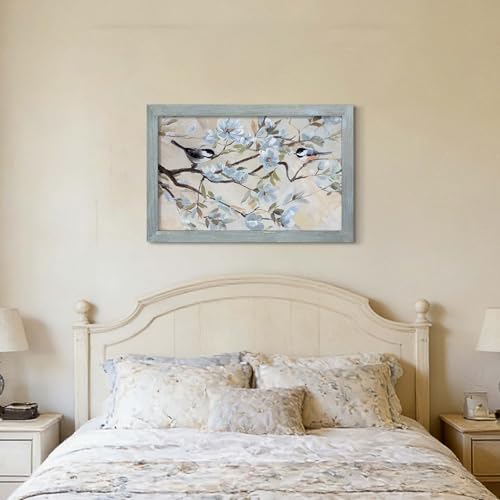 Oversized Spring Bird Scene Framed Wall Art, 36" Lx24 W - color: Chickadees on Soft Pastel, size: 36"L x 24"W