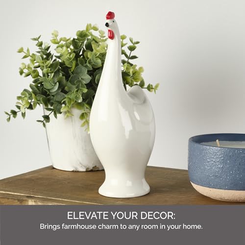 Elements 3.54x2.87x8.78 Inch White and Red Ceramic Rooster Figurine, Farmhouse Style Statue Durable Design for Everyday Use in Home Kitchen Dining and Entertaining Settings