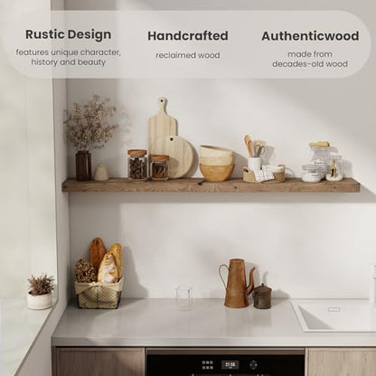 FLYJOE Solid Wood Floating Shelves, 8" Deep Rustic Reclaimed Barnwood Wall Hanging Floating Shelf with Invisible Heavy-Duty Metal Bracket | Wall Mounted | Farmhouse Style | 55 inches,1PC,Natural - color: Distressed Natural, size: 55inches-1P