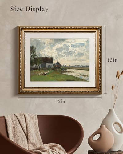VIYYIEA Gold Framed Countryside Wall Art River Canvas Painting, 13×16 Inch - color: Riverside farmhouses, size: 16"L x 13"W