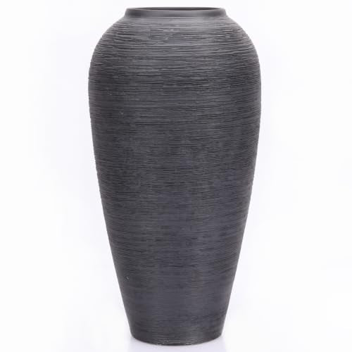 Black Round Vase, Black Ceramic Vase, Tall Matte Pottery for Home Decor - color: Ribbed Black, size: 13.4 in