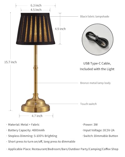 KDG Gold Cordless LED Table Lamps Set of 2, Black Fabric Shade Desk Lamps - color: Gold + Black Lampshade (2 Pack)
