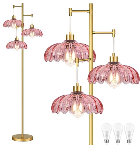 QIYIZM Pink Floor Lamp for Living Room,Bedroom,Gold Mid Century Modern Standing Lamp Brass Tree 3 Light Tall Floor Lamps Vintage Retro Floor Lights Glass Flower Lamp Shade Farmhouse Boho Bohemian - size: 19-Floor Lamp