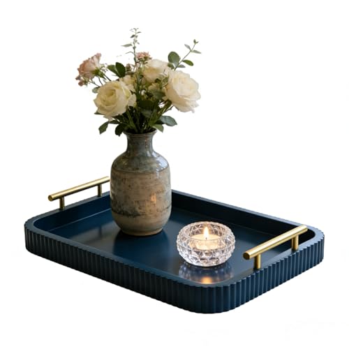 Rectangle Modern Wood Serving Tray with Metal Handles, High Gloss Blue Finish, 16x12 Inch Coffee Table Ottoman Tray for Storage and Display (Blue) - color: Blue