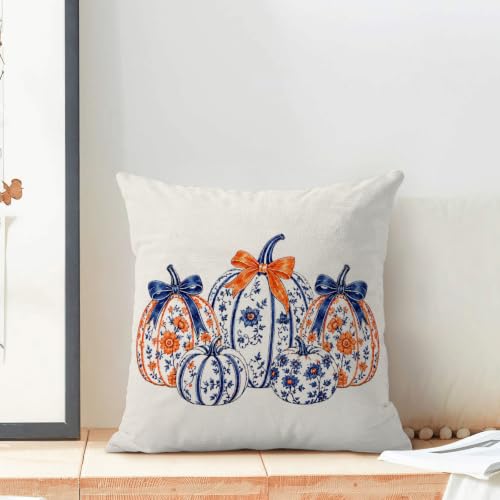 BETGINY Fall Throw Pillow Covers 18x18 Inch 2Pcs Blue Chinoiserie Pumpkins - color: Burnt Orange Blue White, size: 18" x 18" (Pack of 2)