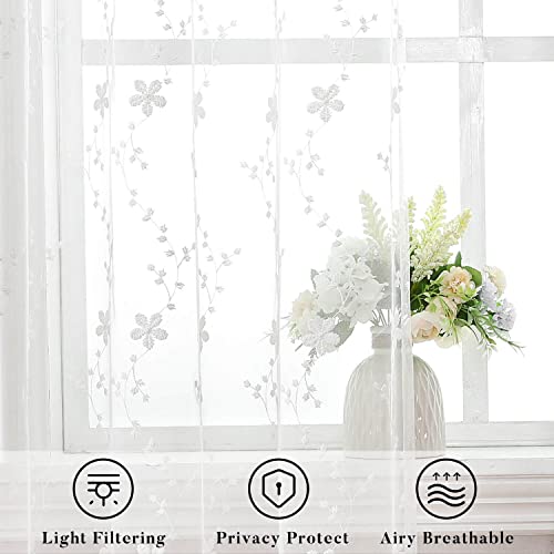 WUBODTI Luxury White Lace Sheer Curtains 96 Inches Long 2 Panels for Living Room, Elegant Vine Floral Embroidered Sheer Curtain Cute Grommet White Tulle Curtain Drapes for Bedroom, Girls Room Decor - size: 52"W x 96"L (Pack of 2)