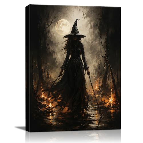 Halloween Canvas Wall Art, Dark Witch in Moonlit Forest Halloween Pictures - color: Halloween17, size: 8"L x 10"W